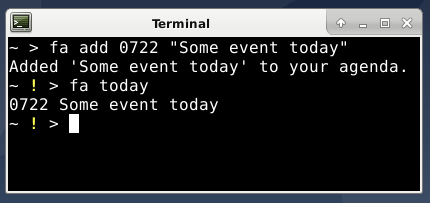 A screenshot of a bash prompt with an exclamation mark to signify that an event is happening on the current date